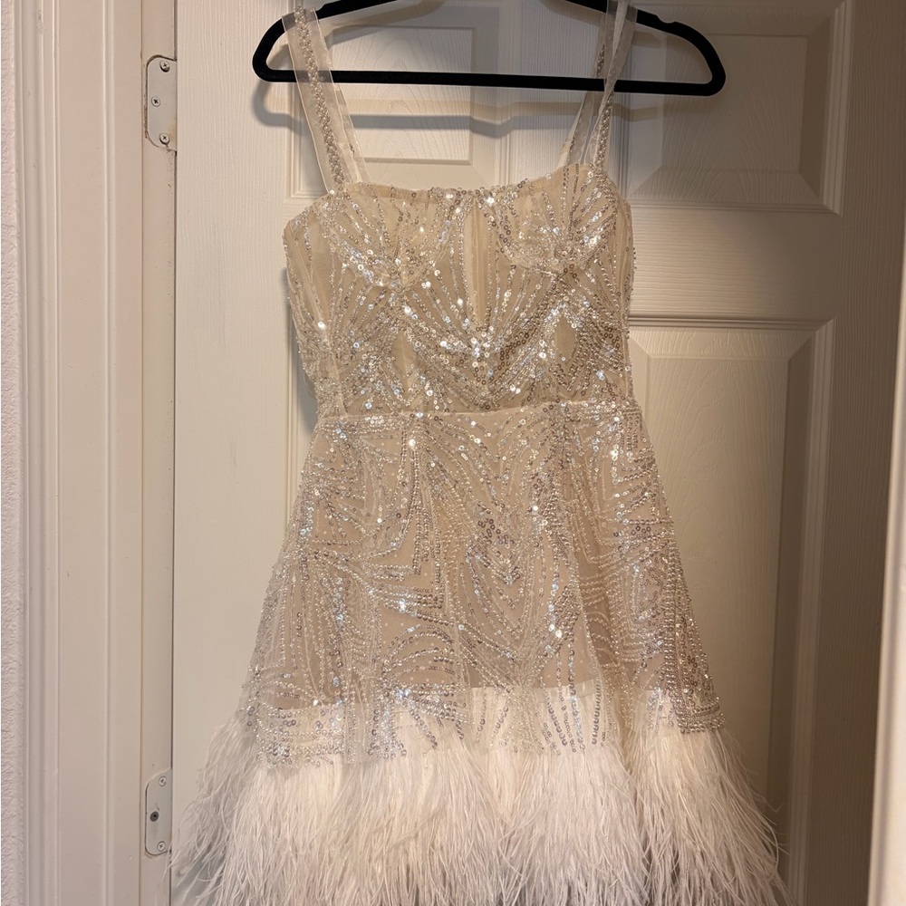 Bronx and Banco Mademoiselle Beaded Feather-Trim Mini Dress